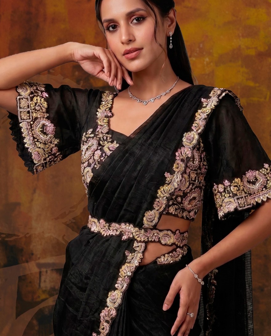 27121 - Metal Black Embroidered Wedding Party Designer Saree